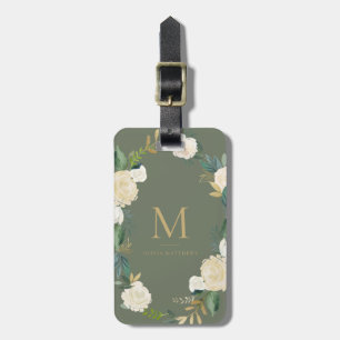 Waterverf bloemen met goudfolie Monogram Groen Bagagelabel