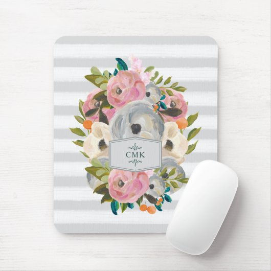  Waterverf bloemen met grafische grijze strips Muismat (Met muis)