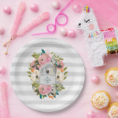  Waterverf bloemen met grafische grijze strips Papieren Bordje (Feest)