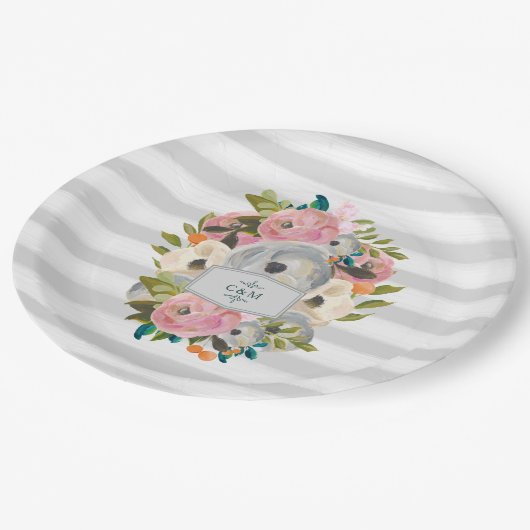  Waterverf bloemen met grafische grijze strips Papieren Bordje (Gekanteld)