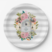  Waterverf bloemen met grafische grijze strips Papieren Bordje (Voorkant)