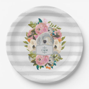 Waterverf bloemen met grafische grijze strips Papieren Bordje