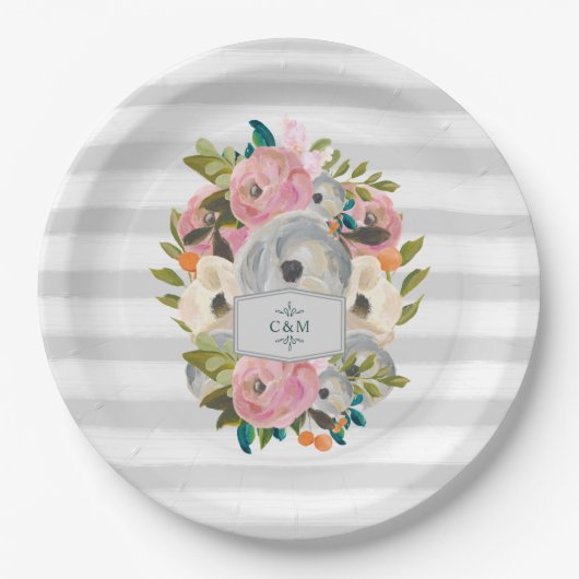  Waterverf bloemen met grafische grijze strips Papieren Bordje (Voorkant)