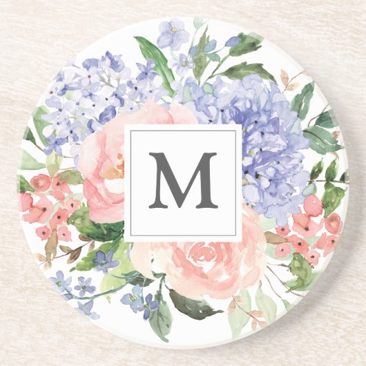 Waterverf Bloemen met Initiaal in Blauwe en Roze L Zandsteen Onderzetter (Voorkant)