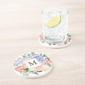 Waterverf Bloemen met Initiaal in Blauwe en Roze L Zandsteen Onderzetter (Zijkant)