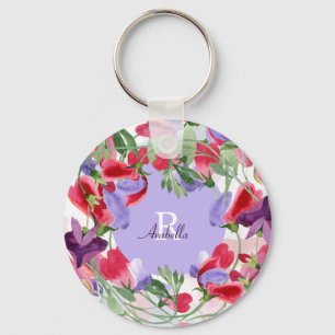 Waterverf bloemen met monogram sleutelhanger