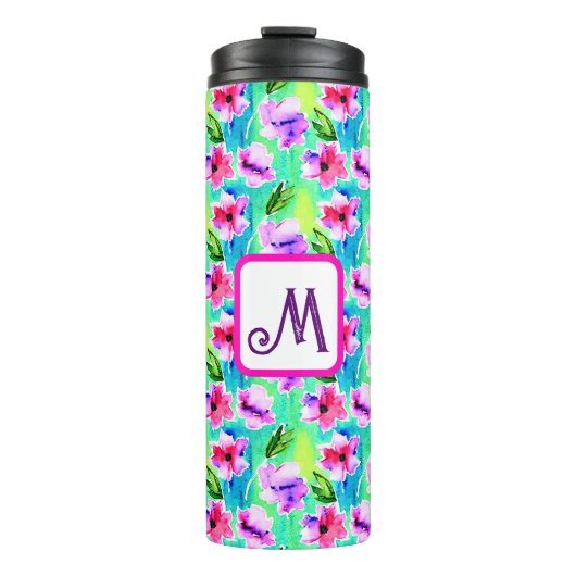Waterverf bloemen met monogram  thermosbeker (Voorkant)