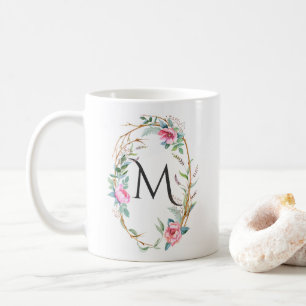 Waterverf bloemen met twigs krans monogram Mok