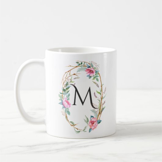 Waterverf bloemen met twigs krans monogram Mok (Links)