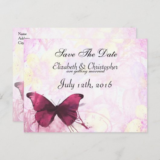 Waterverf Bloemen met Vlinder Save The Date Aankondigingskaart (Voorkant / Achterkant)