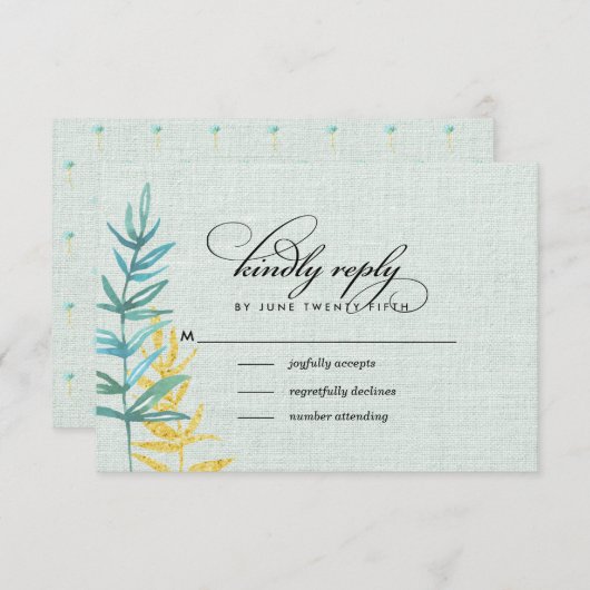 Waterverf Bloemen Mint Geel Bruiloft RSVP Kaart (Voorkant / Achterkant)
