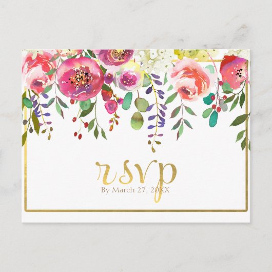 Waterverf bloemen Modern Gold Wedding RSVP Uitnodiging Briefkaart (Voorkant)