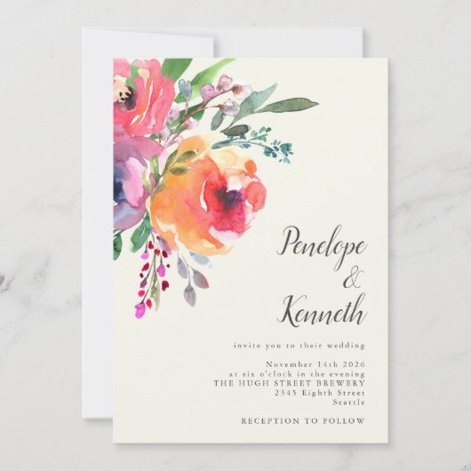 Waterverf bloemen Modern legant script bruiloft Kaart (Voorkant)