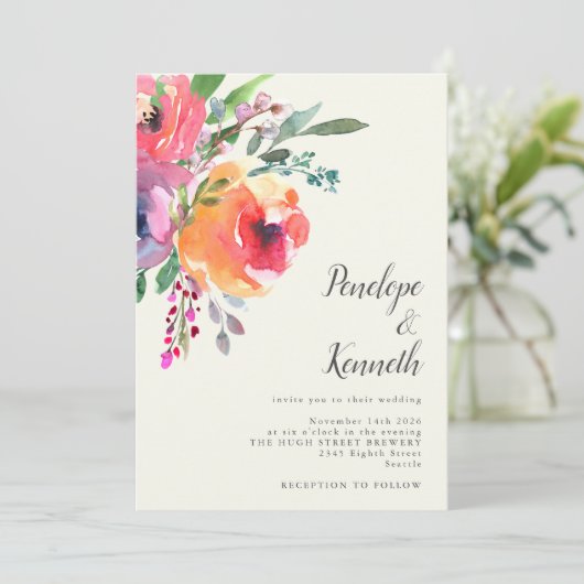 Waterverf bloemen Modern legant script bruiloft Kaart (Staand voorkant)