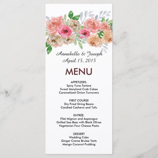 waterverf Bloemen Moderne Botanische Bruiloft Menu (Voorkant)