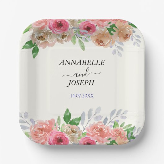 waterverf Bloemen Moderne Botanische Bruiloft Papieren Bordje (Voorkant)