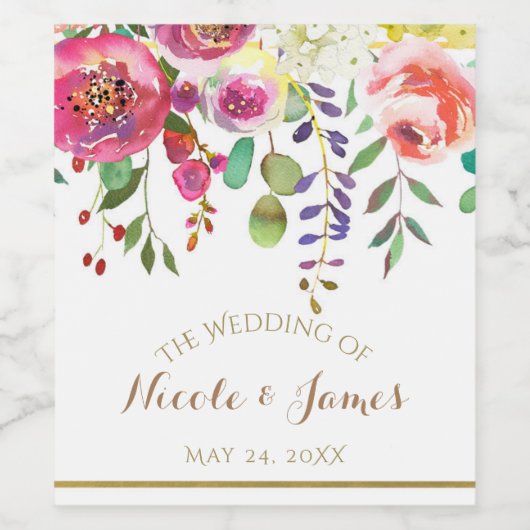 Waterverf Bloemen Moderne Trouwwijn Wijn Etiket (Enkel label)