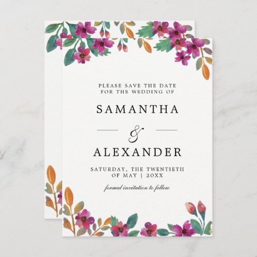 Waterverf bloemen & moderne Typografie Weddenschap Aankondigingskaart (Voorkant / Achterkant)