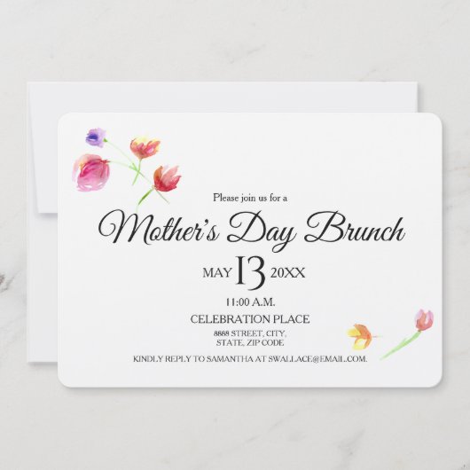 Waterverf bloemen, Moederdag Brunch Invitation Kaart (Voorkant)