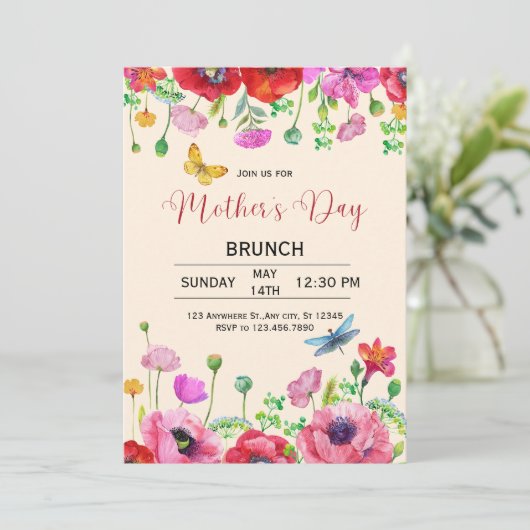 Waterverf Bloemen Moederdag Brunch Uitnodigen Kaart (Staand voorkant)