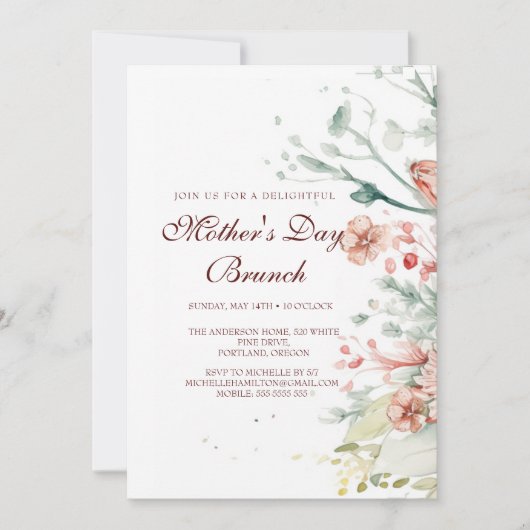 Waterverf Bloemen Moederdag Brunch Uitnodiging (Voorkant)