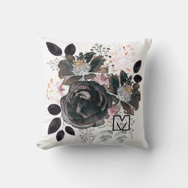 Waterverf bloemen monochroom boeket kussen (Voorkant)