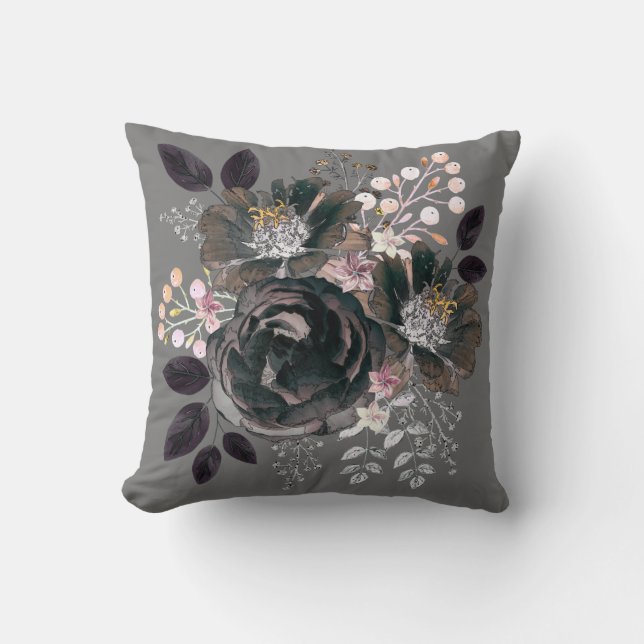 Waterverf bloemen monochroom boeket kussen (Voorkant)