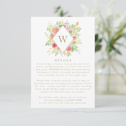 Waterverf bloemen Monogram bruiloft Enclosure Card RSVP Kaartje (Staand voorkant)