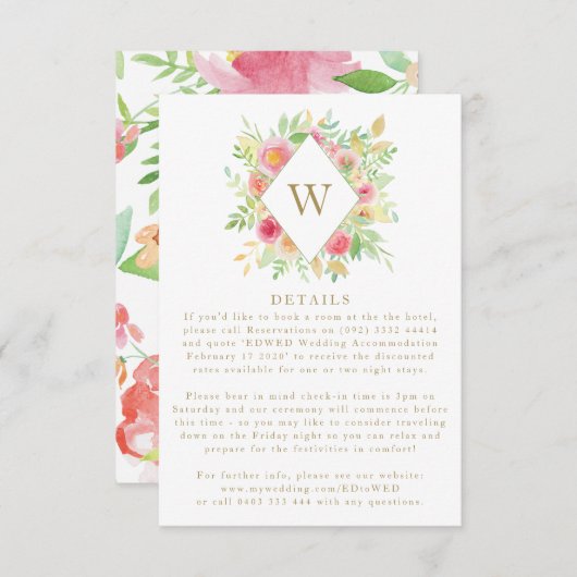 Waterverf bloemen Monogram bruiloft Enclosure Card RSVP Kaartje (Voorkant / Achterkant)