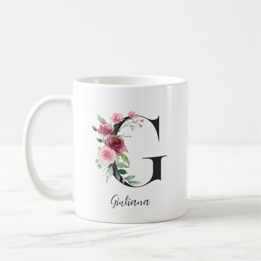 Waterverf bloemen Monogram G Aangepaste naam Koffiemok (Links)