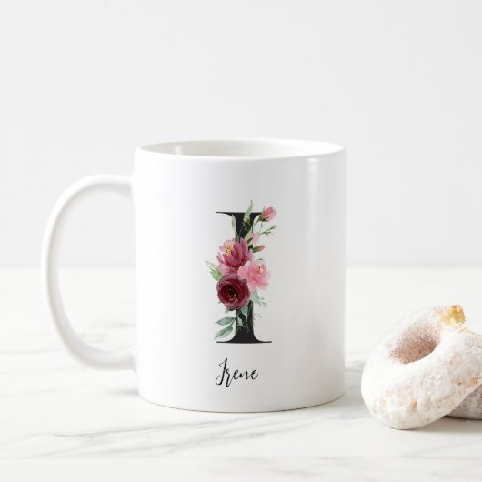 Waterverf bloemen Monogram I Aangepaste naam Koffiemok (Met donut)