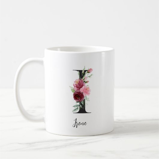 Waterverf bloemen Monogram I Aangepaste naam Koffiemok (Links)