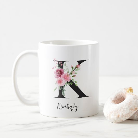 Waterverf bloemen Monogram K Aangepaste naam Koffiemok (Met donut)