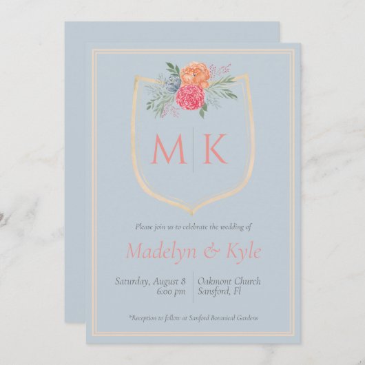 Waterverf Bloemen Monogram Kreeft bruiloft Kaart (Voorkant / Achterkant)