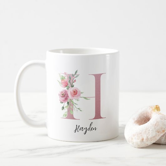 Waterverf bloemen Monogram roze H Aangepaste naam Koffiemok (Met donut)