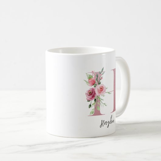 Waterverf bloemen Monogram roze H Aangepaste naam Koffiemok (Voorkant rechts)