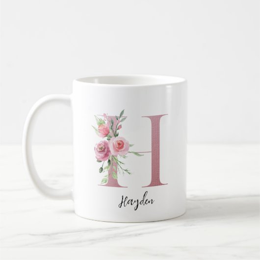 Waterverf bloemen Monogram roze H Aangepaste naam Koffiemok (Links)