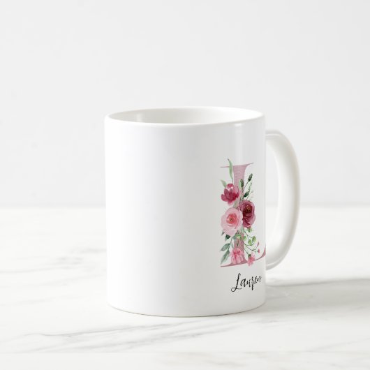 Waterverf bloemen Monogram roze L Aangepaste naam Koffiemok (Voorkant rechts)