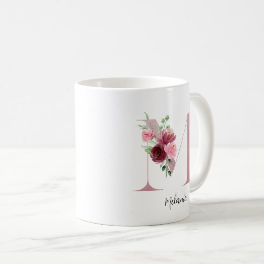Waterverf bloemen Monogram roze M Aangepaste naam Koffiemok (Voorkant rechts)