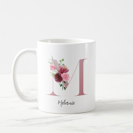 Waterverf bloemen Monogram roze M Aangepaste naam Koffiemok (Links)