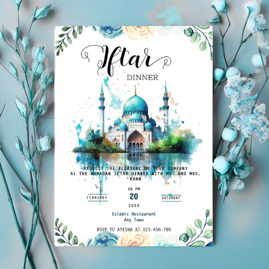 Waterverf Bloemen Moskee Ramadan Iftar Uitnodiging