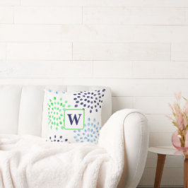 Waterverf Bloemen Mums Navy Groen Blauw Monogram Kussen