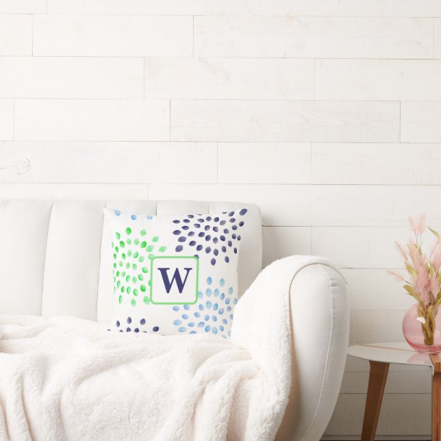 Waterverf Bloemen Mums Navy Groen Blauw Monogram Kussen (Bank)