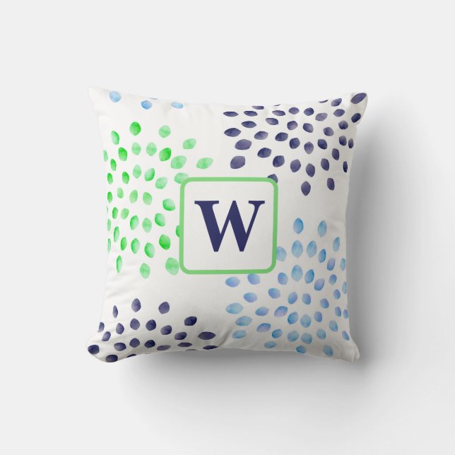 Waterverf Bloemen Mums Navy Groen Blauw Monogram Kussen (Voorkant)
