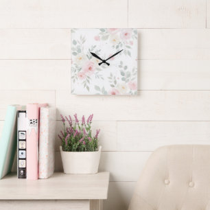 Waterverf Bloemen Muurklok – Pastel Roze & Groen Vierkante Klok