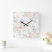 Waterverf Bloemen Muurklok – Pastel Roze & Groen Vierkante Klok (Huis)