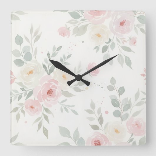 Waterverf Bloemen Muurklok – Pastel Roze & Groen Vierkante Klok (Voorkant)