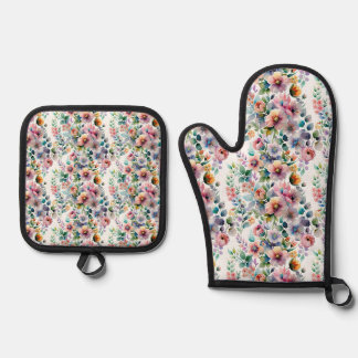 Waterverf Bloemen Naadloos Patroon Ovenwant & Pannenlap Set