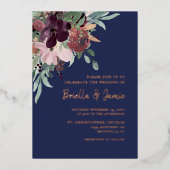 Waterverf Bloemen Navy Plum & Roos Gold Bruiloft Folie Uitnodiging (Voorkant)