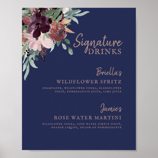 Waterverf Bloemen Navy Plum & Roos Signature Drink Poster (Voorkant)